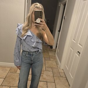 House Of Harlow- One-Shoulder Ruffle Blue Stripe Top